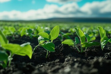 Young Soybean Seedlings Growing in a Field