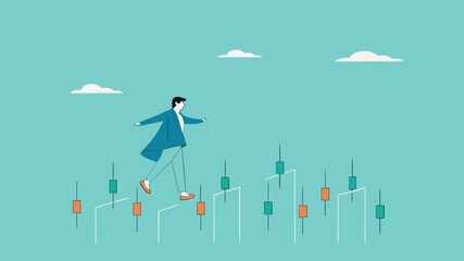 navigating stock market volatility, Financial investment volatility, identify stock market or cryptocurrency market risks, businessman investor walks carefully past investment bar chart