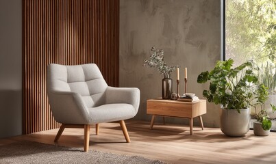 Light beige armchair in a modern, neutral-toned living room