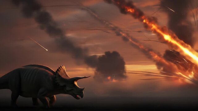 Triceratops witnessing the meteor impact causing the dinosaur extinction event