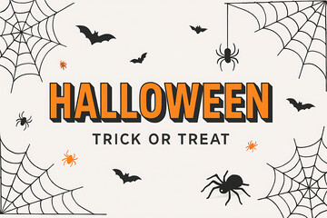 Halloween trick or treat greeting card with spider webs, bats, spiders, orange and black theme, spooky party invitation background