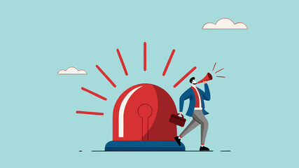 state of emergency declaration, provide emergency information to others as a precaution, warning about danger concept, businessman with megaphone giving instructions about current state of emergency