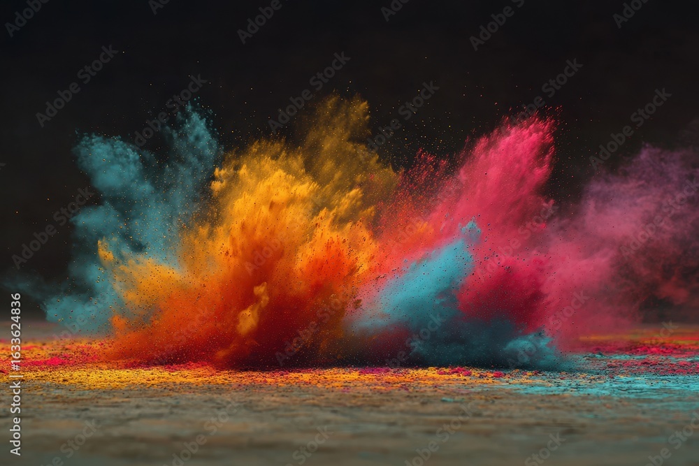 Poster colorful explosion in slow motion capturing vibrant powders dispersing dynamically against a dark ba