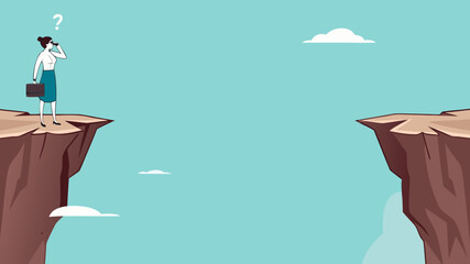 creative problem solving at work illustration with the concept of a businesswoman who is looking for a way to cross the gap between two cliffs, challenge at work