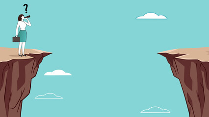 creative problem solving at work illustration with the concept of a businesswoman who is looking for a way to cross the gap between two cliffs, challenge at work