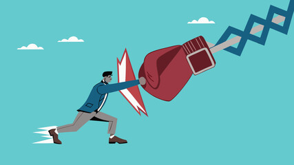 Business threat or problem, challenge or survive to win, survive and struggle to face business competition, defensive businessman using shield to face boxing glove with spring