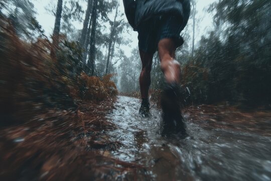 Trail runner sprints through muddy terrain in a forested area during a rainy day, showcasing determination and agility amidst challenging conditions