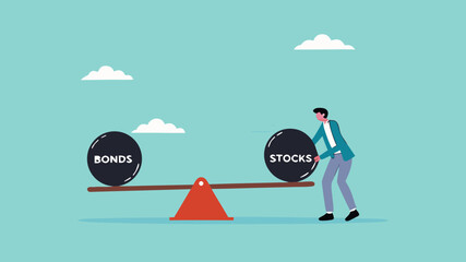 stock and bonds in balance illustration, weight ball on seesaw that symbolize harmony and equity between Stock and bonds, businessman balancing the weight of stock and bonds on a seesaw illustration