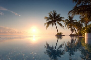 Obraz premium Stunning beachfront villa surrounded by palm trees with a clear sky and sunset reflections over the serene infinity pool at dusk