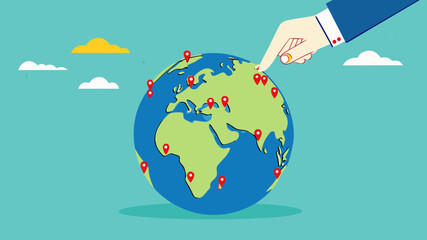 Businessman hand put new branch pin on world map across globe. Global business expansion, open company branches, franchise in new location to cover all continent. growing business worldwide concept
