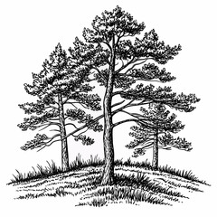 Hand-Drawn Pine Trees on Hill – Black and White Forest Ink Illustration