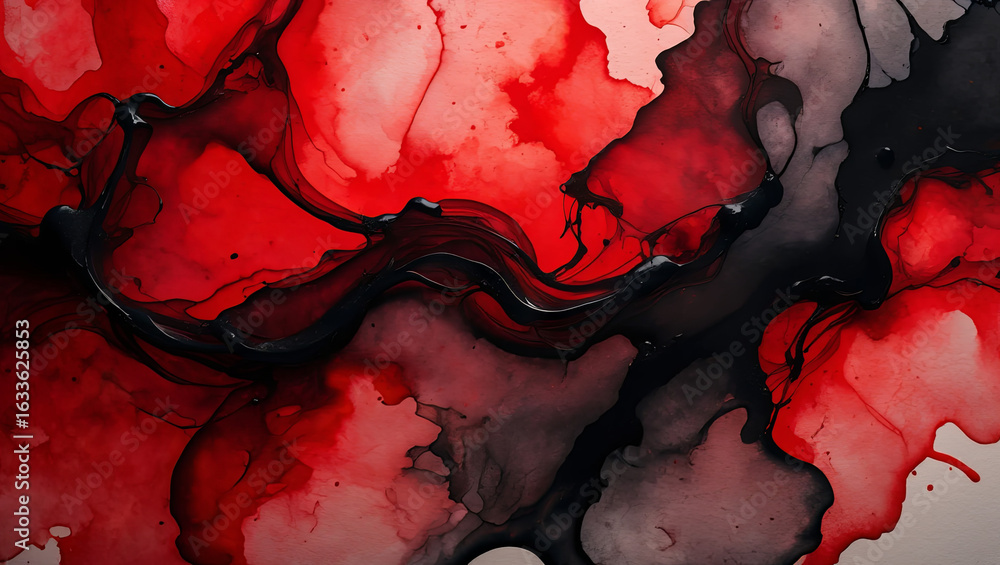 Aufkleber bright red and deep black inks blend and swirl on a white surface, creating an abstract composition 