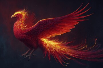 Obraz premium Majestic phoenix rises with fiery wings, symbolizing rebirth and strength in a mystical realm