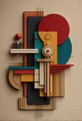 Abstract composition featuring geometric shapes in vibrant blue and orange tones