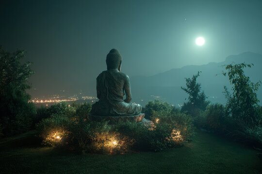 Nurturing Stillness Buddha statue shines under the full moon amidst a serene garden setting in the mountains at night