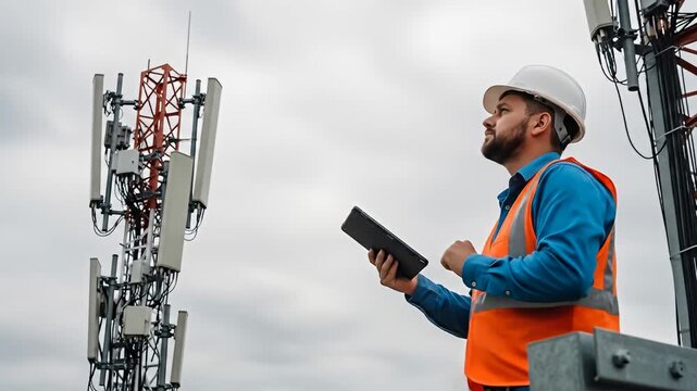 Engineer in hardhat uses tablet computer next to a tall cell tower on a cloudy day