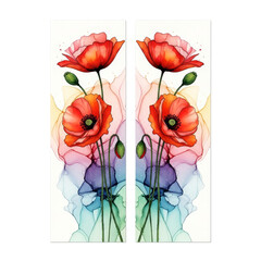 Detailed vector watercolor painting of red poppy flowers with green stems and buds on a beautiful, flowing, and colorful abstract background.