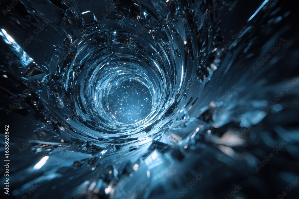 Poster glowing shattered glass vortex tunnel illuminated by ethereal light, creating a mesmerizing visual e
