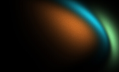Black dark backdrop, glowing color wave, blue green orange abstract grainy gradient background noise texture banner poster header design.