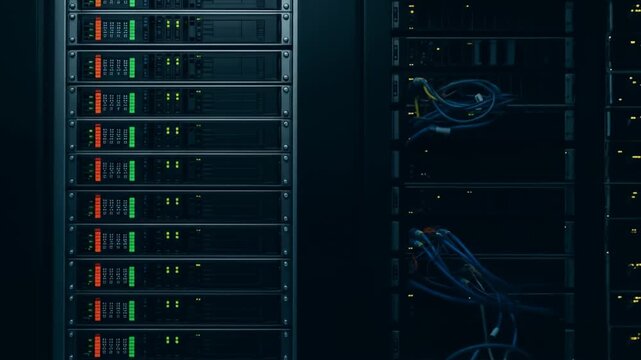Rows of server racks filled with electronics and lights in a dim data center