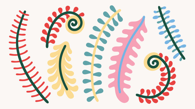 Colorful abstract fern fronds with whimsical shapes and bright pastel hues on a light background design