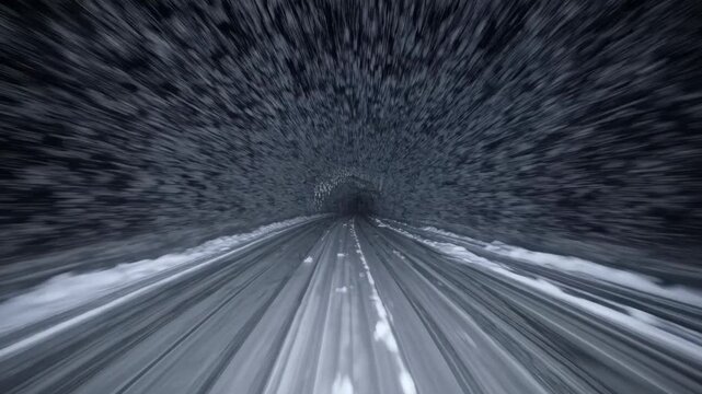 Dynamic, high-speed video concept with a first-person view, simulating a warp-speed tunnel effect. Captured from a central, forward-facing angle.
