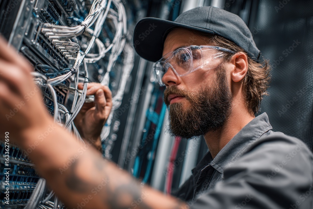 Poster technician works diligently on server maintenance in a modern data center during daytime hours to en