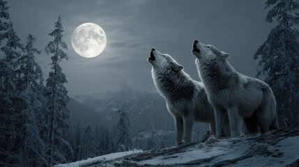 Naklejka premium Two Wolves Howling Under Full Moon in Snowy Forest Landscape