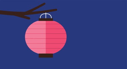 Obraz premium Pink paper lantern hangs from a brown branch, against a dark blue background