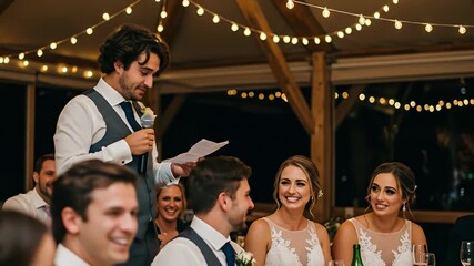 Man gives speech at wedding reception; bride, groom, and attendees smile and listen