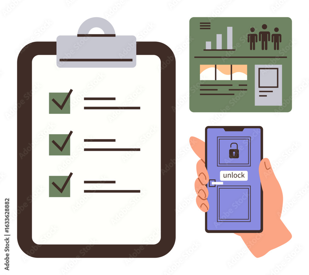 Poster large clipboard with task checkboxes, hand holding smartphone unlocking a screen, analytics dashboar