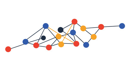 Connected colorful dots with black & yellow lines on white background