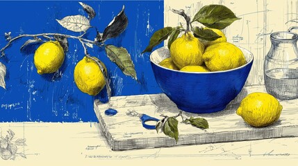Vibrant Lemons in Blue Bowl: Still Life Sketch Illustration