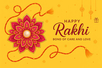 Happy Raksha Bandhan greeting card with decorative rakhi, floral mandala, yellow background, festival celebration, bond of love and care