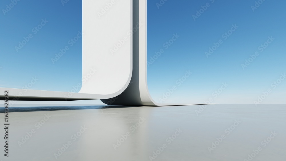 Aufkleber abstract white curved architecture background, empty wavy space with reflected concrete floor, futur