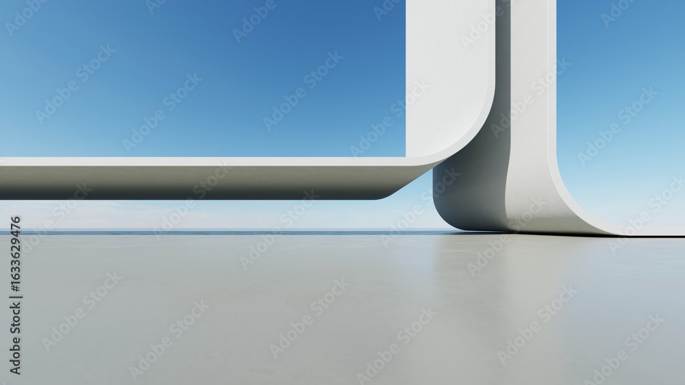 Poster abstract white curved architecture background, empty wavy space with reflected concrete floor, futur