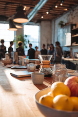 Late afternoon in a coworking kitchen with coffee brewing and fruit on the table A group shares stories of past failures and lessons learned