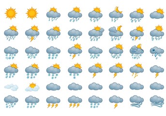 Collection of cartoon weather icons showing sun clouds rain snow lightning and wind conditions