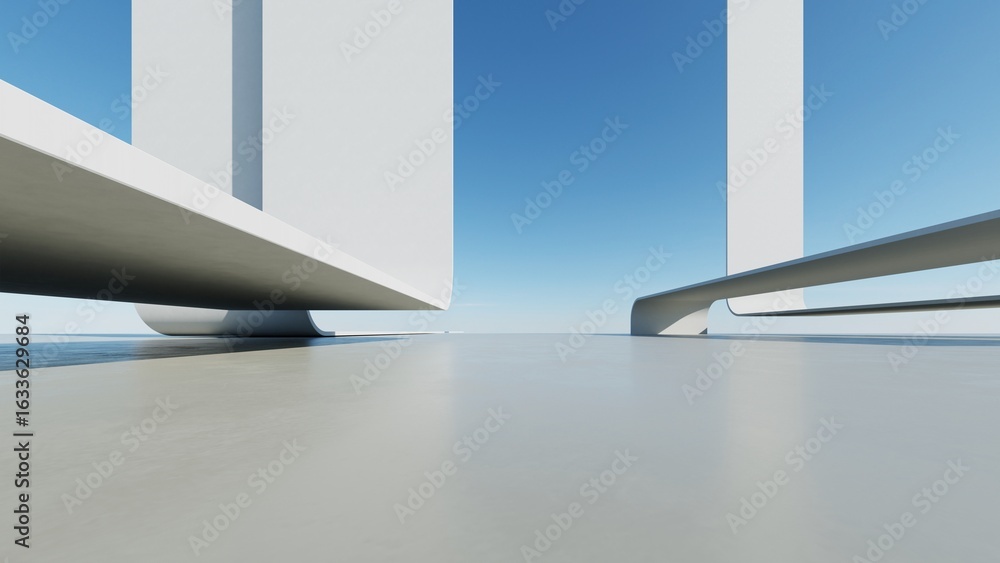 Poster abstract white curved architecture background, empty wavy space with reflected concrete floor, futur