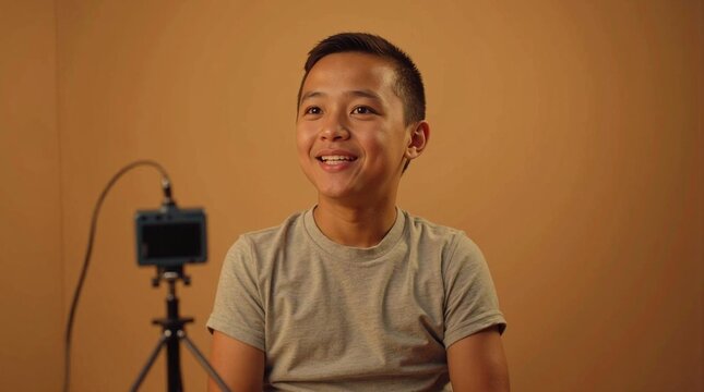 Smiling Asian Boy in Studio Setting with Tripod Camera