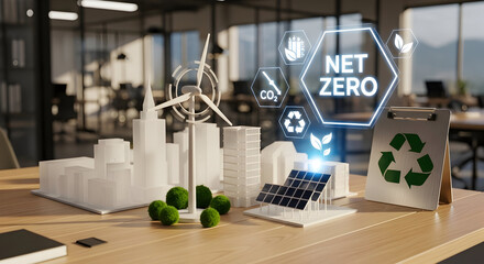 Innovative city model embracing renewable energy sources for a sustainable future, promoting net zero emissions with wind power and solar panel technologies for a greener planet