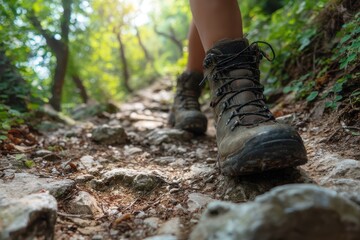Closeup view of hiking boots navigating a rocky forest trail during daytime adventure in nature