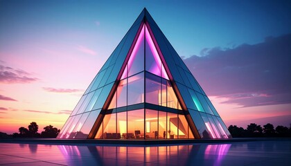 Futuristic pyramid building constructed from glass, illuminated with vibrant pink and purple lights at twilight. This contemporary architectural design reflects beautifully on the water