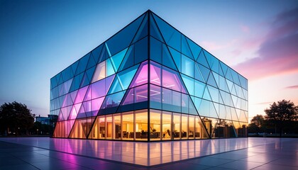 A futuristic architectural marvel featuring a geometric glass facade illuminated with vibrant neon colors at dusk, symbolizing corporate innovation and success.