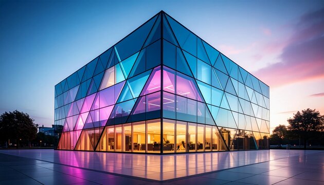 A futuristic architectural marvel featuring a geometric glass facade illuminated with vibrant neon colors at dusk, symbolizing corporate innovation and success.