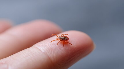 Naklejka premium Close-up of a tiny tick perched on a human fingertip. This macro photography captures the intricate details and color of this small creature. An educational and informative style. AI