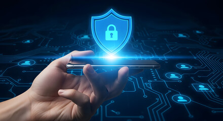 Cybersecurity protection on mobile devices with vibrant glowing shield and padlock, offering digital security for modern technology and data privacy solutions