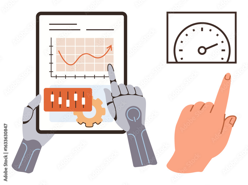 Poster robotic hands review tablet with graphs, controls, gears icon human hand points at gauge. ideal for 