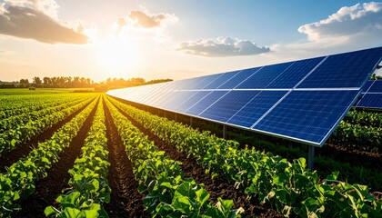 Expansive solar panel array generating clean electricity over rows of green crops on a farm during a beautiful sunrise, illustrating renewable energy and agriculture synergy.