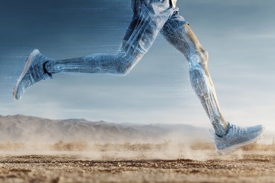 Biomechanical analysis of running gait cycle showcasing leg movement and dynamics in a desert landscape during daytime